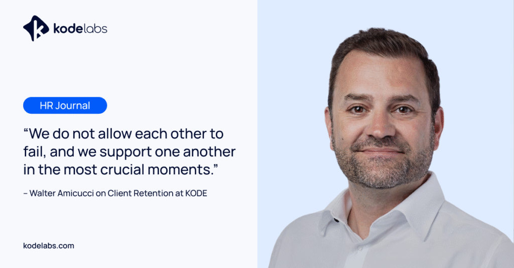 Left:  
A quote from Walter Amicucci showing “We do not allow each other to fail, and we support one another in the most crucial moments.”

Right:
Profile picture of Walter Amicucci, VP of Client Retention at KODE Labs