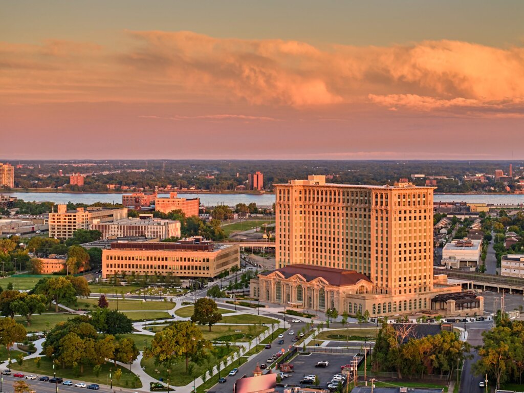 Detroit pioneering future smart buildings: Photo of Michigan Central shown.