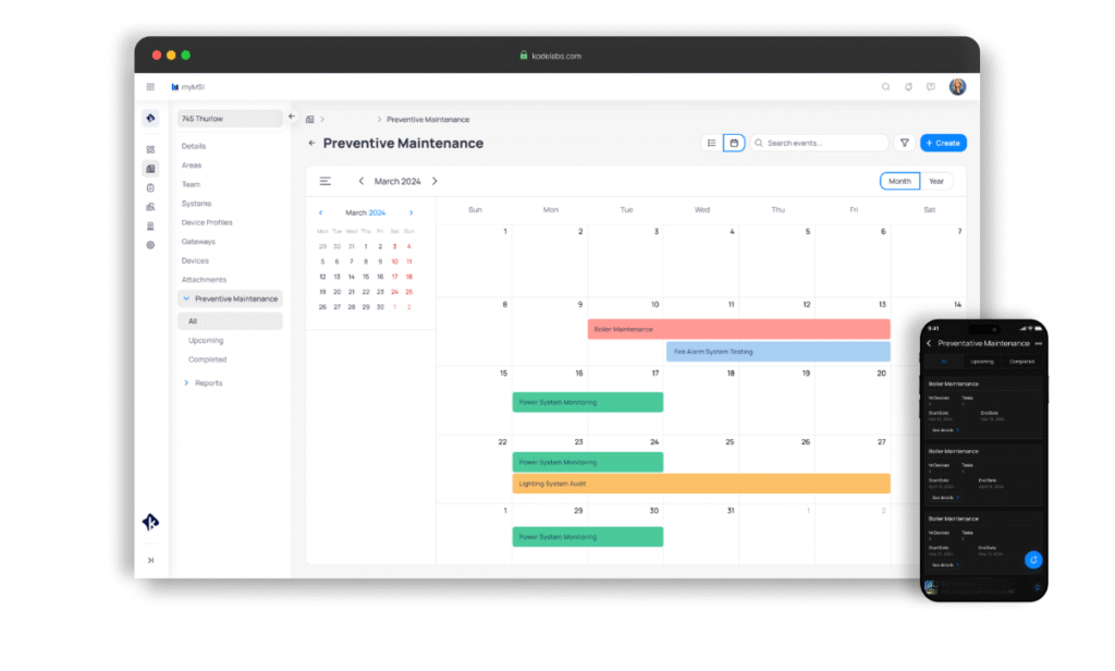 A snapshot of the Preventive Maintenance Scheduling sheet in KODE OS, showing how maintenance schedules are easily set up by device type, with all tasks saved centrally. Schedule inspections, track compliance, and store all related documents in one place for easy access and search.
