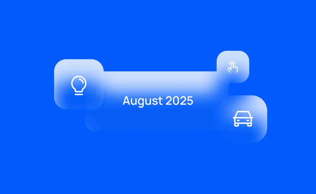 KODE OS Integrations Drop graphic for August 2025 with icons representing lighting, user interaction, and automotive.