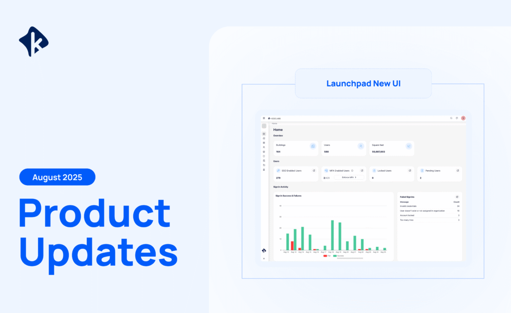 KODE OS Product Updates graphic for August 2025, showing the new Launchpad UI dashboard.